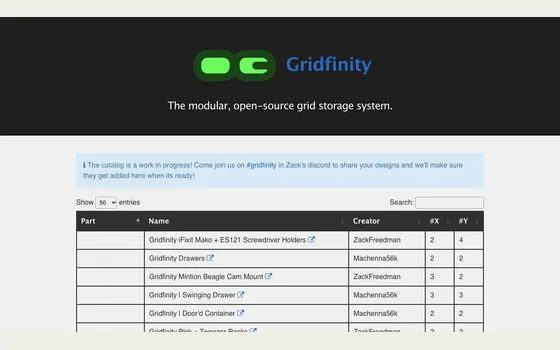 Aperçu : le catalogue Gridfinity.xyz